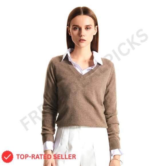 V Neck Cashmere Sweater Long Sleeve Pullover Soft Warm Minimal Chic Classic